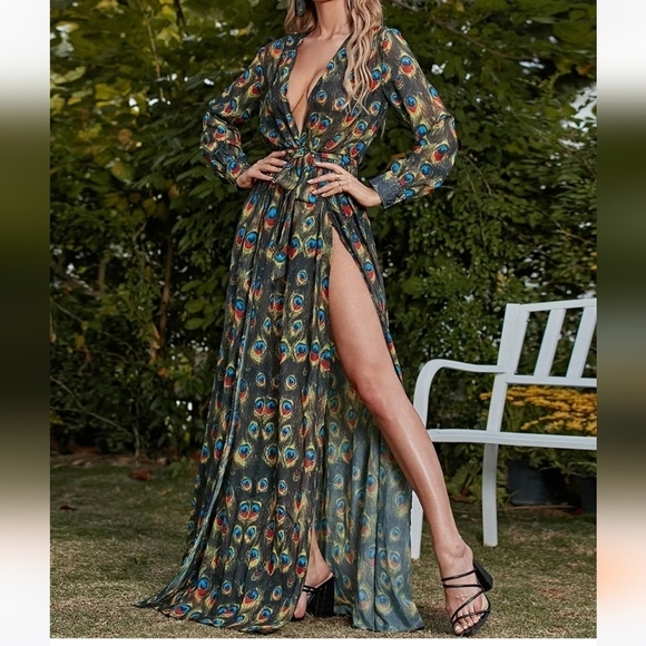 Peacock Print,  Long Sleeved,  Deep V Neck,  Slit Thigh, Mermaid Gown - Picture 5 of 10